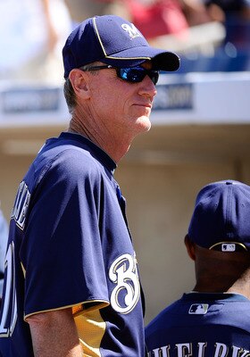 PHOENIX, AZ - MARCH 10:  Manager Ron Roenicke of the Milwaukee Brewers stands in the dug out during the spring training baseball game against Colorado Rockies at Maryvale Baseball Park on March 10, 2011 in Phoenix, Arizona.  (Photo by Kevork Djansezian/Ge
