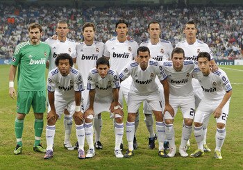MADRID, SPAIN - SEPTEMBER 15: (L-R) Iker Casillas, Pepe, Marcelo Vieira, Xabi Alonso, Angel di Maria, Sami Khedira, Alvaro Arbeloa, Ricardo Carvalho, Gonzalo Higuain, Cristiano Ronaldo and Mesut Ozil pose for a team picture prior to the start of the UEFA