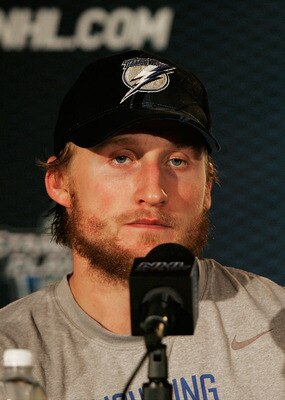 TAMPA, FL - MAY 25:  Steven Stamkos #91 of the Tampa Bay Lightning speaks to the media after their 5 to 4 win over the Boston Bruins in Game Six of the Eastern Conference Finals during the 2011 NHL Stanley Cup Playoffs at St Pete Times Forum on May 25, 20