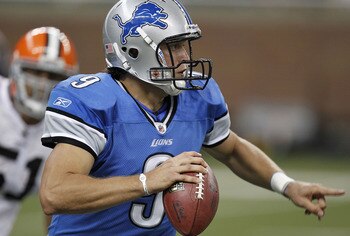 DETROIT - AUGUST 28: Matthew Stafford #9 of the Detroit Lions looks for an open receiver while playing the Cleveland Browns during a preseason game on August 28, 2010 at Ford Field in Detroit, Michigan. (Photo by Gregory Shamus/Getty Images)