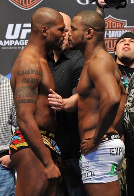 LAS VEGAS - MAY 28:  UFC fighter Quinton 'Rampage' Jackson (L) faces off against UFC fighter Rashad Evans (R) at UFC 114: Rampage versus Rashad at the Mandalay Bay Hotel on May 28, 2010 in Las Vegas, Nevada.  (Photo by Jon Kopaloff/Getty Images)