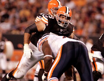 CLEVELAND - SEPTEMBER 2: Tony Pashos #79 of the Cleveland Browns drops into pass protection against the Chicago Bears during the preseason game on September 2, 2010 at Cleveland Browns Stadium in Cleveland, Ohio. The Browns defeated the Bears 13-10. (Phot
