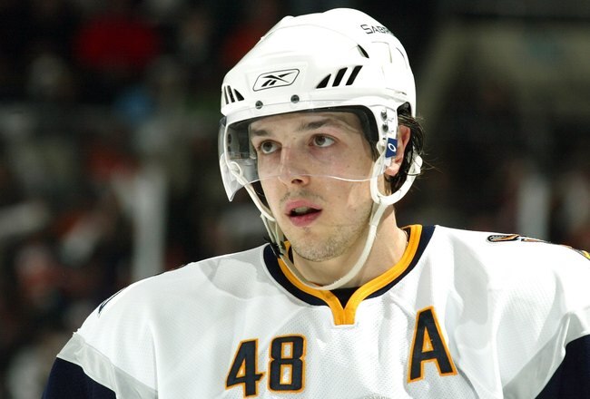UNIONDALE, NY - APRIL 16:  Daniel Briere #48 of the Buffalo Sabres pauses during play in Game 3 of the 2007 Eastern Conference Quarterfinals against the New York Islanders on April 16, 2007 at Nassau Coliseum in Uniondale, New York.  The Sabres won the ga