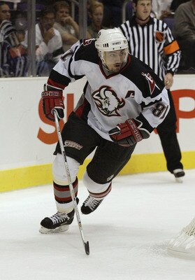 LOS ANGELES - OCTOBER 23:  Miroslav Satan #81 of the Buffalo Sabres skates from behind the Kings net during the game against the Los Angeles Kings on October 23, 2003 at Staples Center in Los Angeles, California.  The Sabres won 5-1. (Photo by Victor Deco