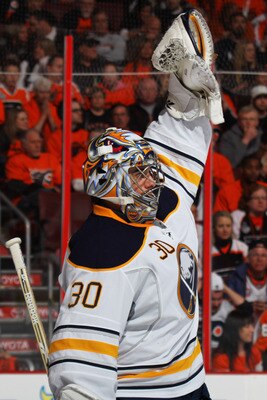 PHILADELPHIA, PA - APRIL 22:  Ryan Miller #30 of the Buffalo Sabres celebrates against the Philadelphia Flyers in the second period of Game Five of the Eastern Conference Quarterfinals during the 2011 NHL Stanley Cup Playoffs at Wells Fargo Center on Apri