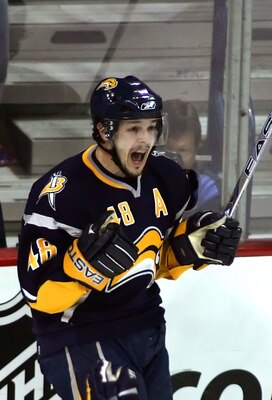 BUFFALO, NY - MAY 12:  Daniel Briere #48 of the Buffalo Sabres celebrates after scoring the game-tying goal with 5.8 second left in the third period against the Ottawa Senators during Game 2 of the 2007 Eastern Conference Finals on May 12, 2007 at the HSB