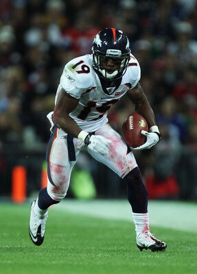 LONDON, ENGLAND - OCTOBER 31:  Eddie Royal #19 of Denver Broncos runs with the ball during the NFL International Series match between Denver Broncos and San Francisco 49ers at Wembley Stadium on October 31, 2010 in London, England. This is the fourth occa