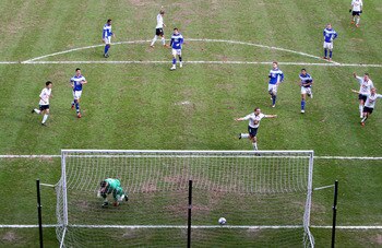 BIRMINGHAM, ENGLAND - MARCH 12:  Kevin Davies of Bolton Wanderers scores their second goal from the penalty spot during the FA Cup sponsored by E.On Sixth Round match between Birmingham City and Bolton Wanderers at St Andrews on March 12, 2011 in Birmingh