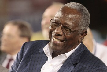 MOBILE, AL - APRIL 14:  Baseball Hall of Famer Hank Aaron listens during pre-game ceremonies following the opening the Hank Aaron Museum at the Hank Aaron Stadium on April 14, 2010 in Mobile, Alabama. (Photo by Dave Martin/Getty Images)