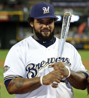 PHOENIX, AZ - JULY 12:  National League All-Star Prince Fielder #28 of the Milwaukee Brewers poses with the Ted Williams Most Valuable Player Award after the National League defeated the American League 5-1 in the 82nd MLB All-Star Game at Chase Field on