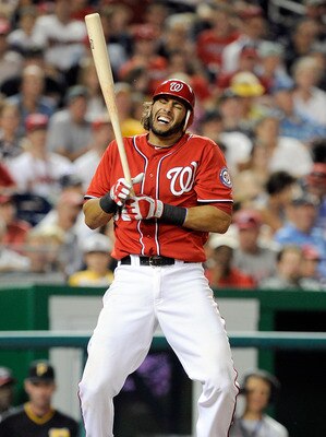 WASHINGTON, DC - JULY 02:  Michael Morse #38 of the Washington Nationals reacts after being hit by a pitch in the eighth inning against the Pittsburgh Pirates at Nationals Park on July 2, 2011 in Washington, DC. The Nationals won the game 4-3.  (Photo by