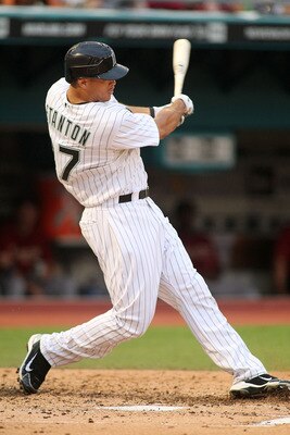 MIAMI GARDENS, FL - JULY 07:  Mike Stanton #27 of the Florida Marlins hits a two-run home run against the Houston Astros at Sun Life Stadium on July 7, 2011 in Miami Gardens, Florida.  (Photo by Marc Serota/Getty Images)