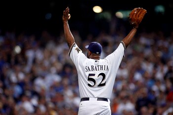 MILWAUKEE - SEPTEMBER 28:  Starting pitcher CC Sabathia #52 of the Milwaukee Brewers celebrates after pitching a complete game against the Chicago Cubs at Miller Park on September 28, 2008 in Milwaukee, Wisconsin. The Brewers defeated the Cubs 3-1 (Photo