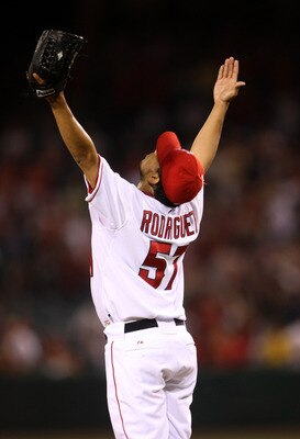 ANAHEIM, CA - AUGUST 23: Closer Francisco Rodriguez #57 of the Los Angeles Angels of Anaheim celebrates after finishng the ninth inning and picking up the save against the Minnesota Twins on August 23, 2008 at Angel Stadium in Anaheim, California. (Photo
