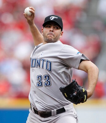 CINCINNATI, OH - JUNE 19: Carlos Villanueva #33 of the Toronto Blue Jays pitches against the Cincinnati Reds at Great American Ball Park on June 19, 2011 in Cincinnati, Ohio. The Reds defeated the Blue Jays 2-1. (Photo by Joe Robbins/Getty Images)