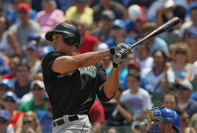 CHICAGO, IL - JULY 16:  Mike Stanton #27 of the Florida Marlins hits his second home run of the game, a three-run shot in the 5th inning, against the Chicago Cubs at Wrigley Field on July 16, 2011 in Chicago, Illlinois.  (Photo by Jonathan Daniel/Getty Im