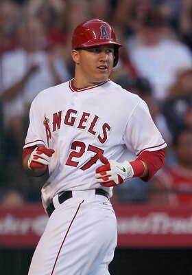 ANAHEIM, CA - JULY 09:  Mike Trout #27 of the Los Angeles Angels of Anaheim looks on against the Seattle Mariners at Angel Stadium of Anaheim on July 9, 2011 in Anaheim, California.  (Photo by Jeff Gross/Getty Images)