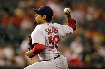 BALTIMORE, MD - JUNE 28: Relief pitcher Fernando Salas #59 of the St. Louis Cardinals delivers to a Baltimore Orioles batter during the ninth inning of the Cardinals 6-2 win at Oriole Park at Camden Yards on June 28, 2011 in Baltimore, Maryland.  (Photo b