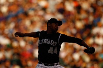 DENVER, CO - JULY 15:  Starting pitcher Juan Nicasio #44 of the Colorado Rockies works the fourth inning against the Milwaukee Brewers at Coors Field on July 15, 2011 in Denver, Colorado.  The Rockies defeated the Brewers 4-0. (Photo by Justin Edmonds/Get