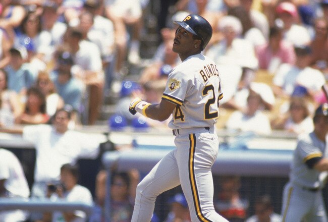 LOS ANGELES - JUNE 21:  Barry Bonds #24 of the Pittsburgh Pirates watches the flight of the hit against the Los Angeles Dodgers on June 21, 1991 at Dodger Stadium in Los Angeles California. Barry Bonds made his 126th career home run during this game. Barr