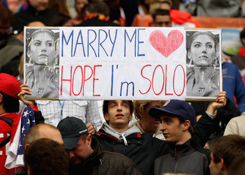 MOENCHENGLADBACH, GERMANY - JULY 13:  A USA fan holds a banner for Hope Solo during the FIFA Women's World Cup 2011 Semi Final match between France and USA at Borussia Park on July 13, 2011 in Moenchengladbach, Germany.  (Photo by Scott Heavey/Getty Image