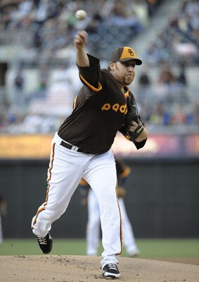 SAN DIEGO, CA - JULY 14: Aaron Harang #41 of the San Diego Padres pitches during the first inning of a baseball game against the San Francisco Giants at Petco Park on July 14, 2011 in San Diego, California.  (Photo by Denis Poroy/Getty Images)