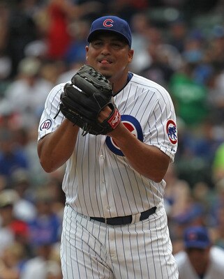 CHICAGO, IL - JULY 16:  Starting pitcher Carlos Zambrano #38 of the Chicago Cubs prepares to deliver the ball against the Florida Marlins at Wrigley Field on July 16, 2011 in Chicago, Illlinois.  (Photo by Jonathan Daniel/Getty Images)