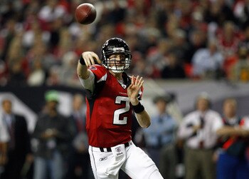 ATLANTA, GA - JANUARY 15:  Quaterback Matt Ryan #2 of the Atlanta Falcons throws a pass against the Green Bay Packers during their 2011 NFC divisional playoff game at Georgia Dome on January 15, 2011 in Atlanta, Georgia. The Packers won 48-21. (Photo by C