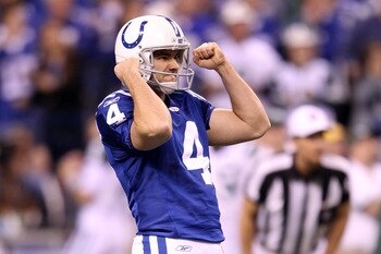 INDIANAPOLIS, IN - JANUARY 08:  Adam Vinatieri #4 of the Indianapolis Colts reacts after he kicked a successful 50-yard field goal in the fourth quarter against the New York Jets during their 2011 AFC wild card playoff game at Lucas Oil Stadium on January
