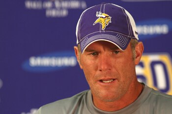 EDEN PRAIRIE, MN - AUGUST 18: Minnesota Vikings quarterback Brett Favre addresses the media at a press conference after the first morning practice since returning to Vikings Winter Park on August 18, 2010 in Eden Prairie, Minnesota. Favre injured his ankl