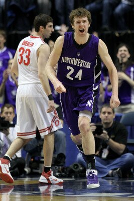 INDIANAPOLIS, IN - MARCH 11:  John Shurna #24 of the Northwestern Wildcats reacts against the Ohio State Buckeyes during the quarterfinals of the 2011 Big Ten Men's Basketball Tournament at Conseco Fieldhouse on March 11, 2011 in Indianapolis, Indiana.  (