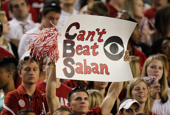 TUSCALOOSA, AL - OCTOBER 02:  A fan of the Alabama Crimson Tide holds up a sign about head coach Nick Saban during the game against the Florida Gators at Bryant-Denny Stadium on October 2, 2010 in Tuscaloosa, Alabama.  (Photo by Kevin C. Cox/Getty Images)