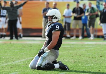 TAMPA, FL - JANUARY 1:  Running back Michael Zordich #9 of the Penn State Nittany Lions falls to his knees after a turnover against the Florida Gators January 1, 2011 in the 25th Outback Bowl at Raymond James Stadium in Tampa, Florida.  (Photo by Al Messe