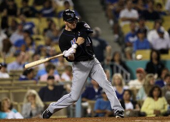 LOS ANGELES, CA - JULY 5:   Jason Bay #44 of the New York Mets hits a three run home run in the eighth inning against the Los Angeles Dodgers on July 5, 2011 at Dodger Stadium in Los Angeles, California.   (Photo by Stephen Dunn/Getty Images)