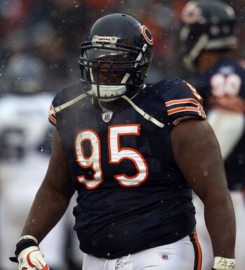 CHICAGO, IL - JANUARY 16:  Anthony Adams #95 of the Chicago Bears looks on against the Seattle Seahawks in the 2011 NFC divisional playoff game at Soldier Field on January 16, 2011 in Chicago, Illinois.  (Photo by Jonathan Daniel/Getty Images)
