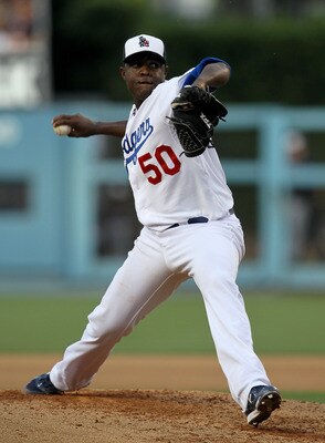 LOS ANGELES, CA - JULY 04:  Rubby De La Rosa #50 of the Los Angeles Dodgers throws a pitch against the New York Mets on July 4, 2011 at Dodger Stadium in Los Angeles, California.  (Photo by Stephen Dunn/Getty Images)