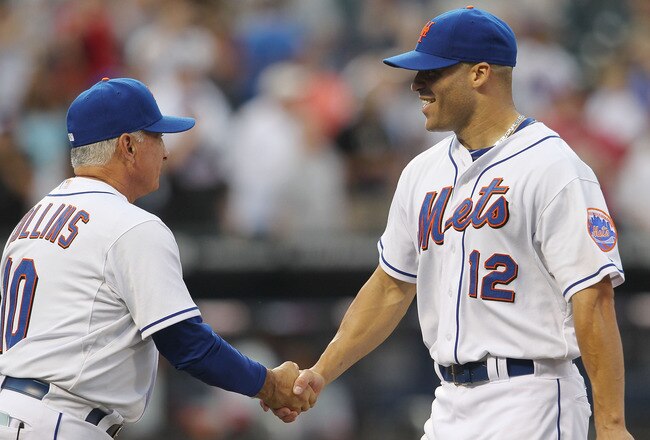 NEW YORK, NY - JULY 16:  Scott Hairston #12 of the New York Mets celebrates the win with manager Terry Collins #10 against the Philadelphia Phillies at Citi Field on July 16, 2011 in the Flushing neighborhood of the Queens borough of New York City.  (Phot