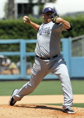 LOS ANGELES, CA - JULY 09:  Aaron Harang #41 of the San Diego Padres throws a pitch against the Los Angeles Dodgers on July 9, 2011 at Dodger Stadium in Los Angeles, California. Harang pitched six no hit innings before being relieved, but the Dodgers won