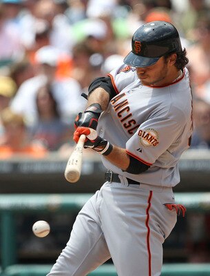 DETROIT - JULY 03: Brandon Crawford #35 of the San Francisco Giants grounds out to second base scoring Aubrey Huff #17 in the fourth inning during the game against the Detroit Tigers at Comerica Park on July 3, 2011 in Detroit, Michigan.  (Photo by Leon H