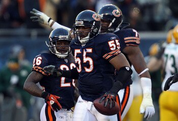 CHICAGO, IL - JANUARY 23:  Linebacker Lance Briggs #55 of the Chicago Bears reacts after an interception late in the second quarter against the Green Bay Packers in the NFC Championship Game at Soldier Field on January 23, 2011 in Chicago, Illinois.  (Pho