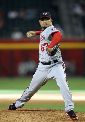 PHOENIX, AZ - JUNE 05:  Pitcher Henry Rodriguez #63 of the Washington Nationals pitches against the Arizona Diamondbacks during the Major League Baseball game at Chase Field on June 5, 2011 in Phoenix, Arizona. The Nationals defeated the Diamondbacks 9-4
