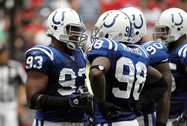 HOUSTON - SEPTEMBER 12:  Defensive end Dwight Freeney #93 and Robert Mathis #98 of the Indianapolis Colts at Reliant Stadium on September 12, 2010 in Houston, Texas.  (Photo by Ronald Martinez/Getty Images)