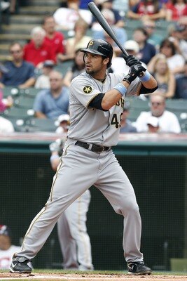 CLEVELAND, OH - JUNE 19:   Garrett Jones #46 of the Pittsburgh Pirates bats against the Cleveland Indians during their game on June 19, 2011 at Progressive Field in Cleveland, Ohio.  The Indians defeated the Pirates 5-2 in 11 innings.  (Photo by David Max
