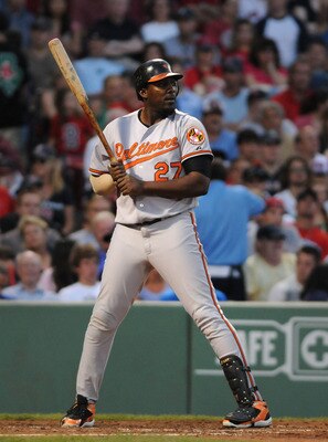 BOSTON, MA - JULY 09:  Vladimir Guerreo #27 of the Baltimore Orioles steps in to bat against the Boston Red Sox during fourth inning action at Fenway Park on July 9, 2011 in Boston, Massachusetts. The Boston Red Sox won the game 4-0.  (Photo by Darren McC