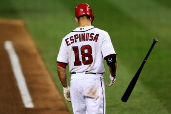 WASHINGTON, DC - JULY 8: Danny Espinosa #18 of the Washington Nationals reacts after striking out in fifth inning against the Colorado Rockies at Nationals Park on July 8, 2011 in Washington, DC. The Colorado Rockies won, 3-2. (Photo by Patrick Smith/Gett
