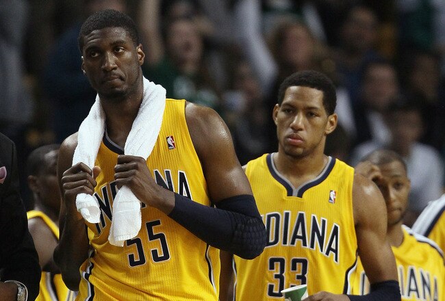 BOSTON, MA - MARCH 16:  Roy Hibbert #55 and Danny Granger #33 of the Indiana Pacers react after the game against the Boston Celtics on March 16, 2011 at the TD Garden in Boston, Massachusetts. The Celtics defeated the Indiana Pacers 92-80. NOTE TO USER: U