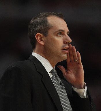 CHICAGO, IL - APRIL 16: Head coach Frank Vogel of the Indiana Pacers calls a play against the Chicago Bulls in Game One of the Eastern Conference Quarterfinals in the 2011 NBA Playoffs at the United Center on April 16, 2011 in Chicago, Illinois. The Bulls
