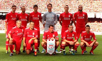 KUALA LUMPUR, MALAYSIA - JULY 16: (L-R back row) Jack Robinson, Raul Meireles, Conor Coady, Brad Jones, Daniel Agger and Andy Carroll, (L-R front row) Jay Spearing, Joe Cole, Jamie Carragher, Charlie Adam and John Flanagan of Liverpool line up for a team