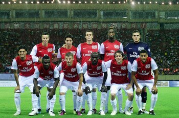 HANGZHOU, CHINA - JULY 16: Arsenal team line up before the pre-season friendly match between Hangzhou Greentown and Arsenal at Yiwu Meihu Stadium on July 16, 2011 in Hangzhou, China. (Photo by Lintao Zhang/Getty Images)