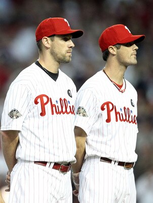 PHOENIX, AZ - JULY 12:  National League All-Star Shane Victorino #8 of the Philadelphia Phillies, National League All-Star Placido Polanco #27 of the Philadelphia Phillies, National League All-Star Cliff Lee #33 of the Philadelphia Phillies and National L